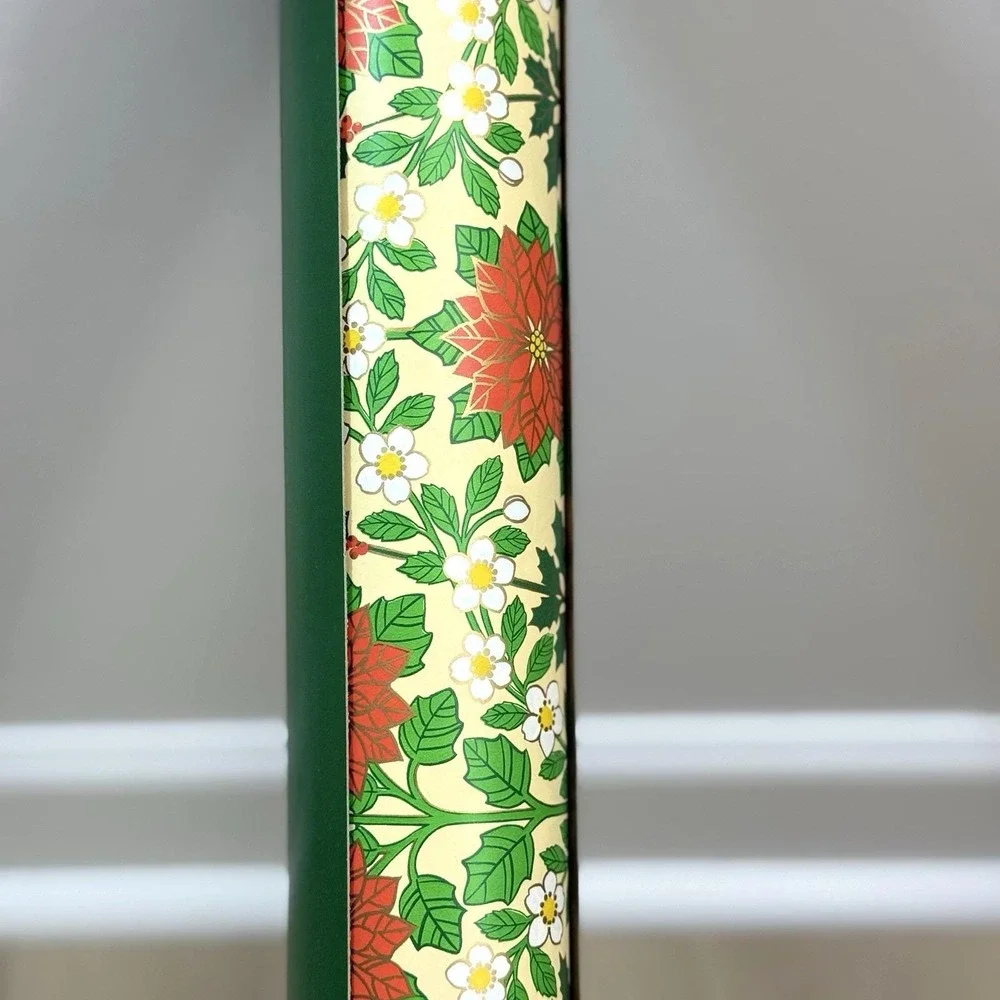 VTG‎ Christmas Wrapping Paper Roll Poinsettia Floral Holly Gift Wrap w/ Cutter
